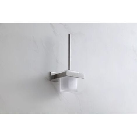 Scopino per WC con spazzola di ricambio, scopino per WC in vetro opaco e satinato, kit da parete e da terra, accessori per il bagno, supporto in acciaio inox rimovibile con specchio cromato