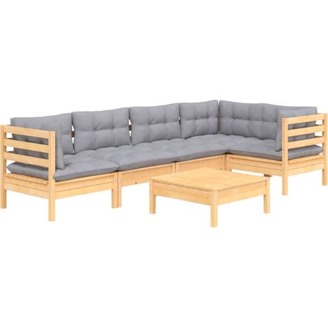 Muebles de jardín muebles de exterior juego de muebles de 6 piezas con cojines grises madera de pino 020016769 (1/5)