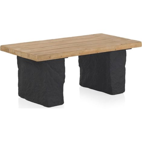 Table basse rectangulaire bois naturel et base effet pierre noire - Bois clair et noir texturé (1/5)