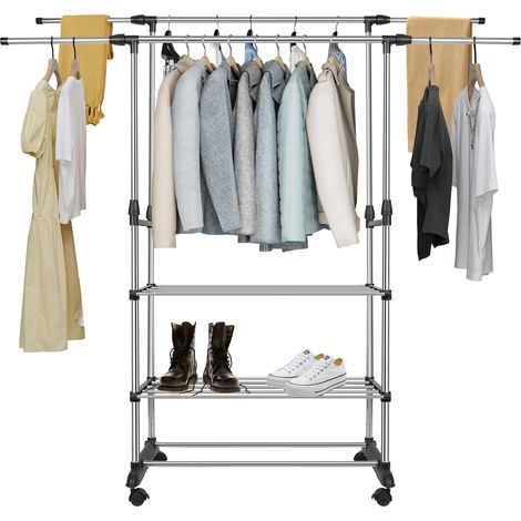Burro Ropa con Ruedas, Perchero Burro Extensible(70-150)cm, Doble Barra Colgante con Zapatero (1/5)