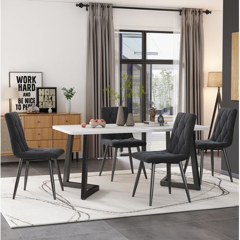 MEUBLIV Ensemble table à manger 117x68 cm avec 4 chaises gris foncé, finition marbre (1/5)