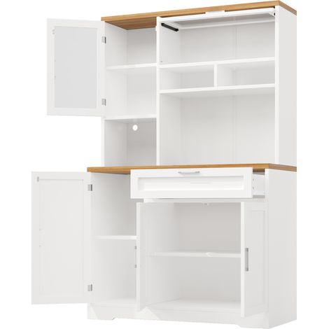 Credenza alta da cucina con vetrina LED 104x40x180 cm in MDF bianco HOMVRA (1/5)
