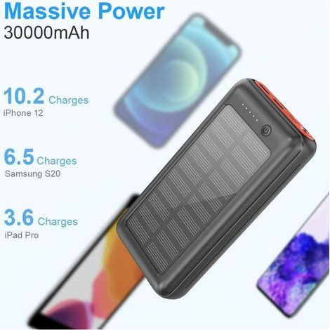 30000mAh Solar-Powerbank – Tragbares Ladegerät mit hoher Kapazität, 4 Eingänge und 3 Ausgänge, LED-Taschenlampe, kompatibel mit iPhone/Samsung/iPad (1/3)
