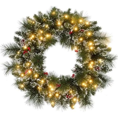Couronne de Noël artificielle verte - 60 cm - Pommes de pin - Grappes de baies - Minuterie - Lumières LED (1/5)