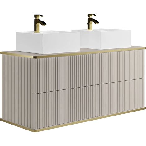 Mobile bagno sospeso con scanalature con profilo dorato con doppio lavabo da appoggio quadrato Beige 120 cm - KELIZA