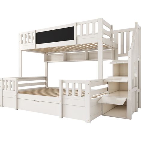 Letto a castello per 3 bambini 90x200 e 140x200 in legno bianco con lavagna (1/5)