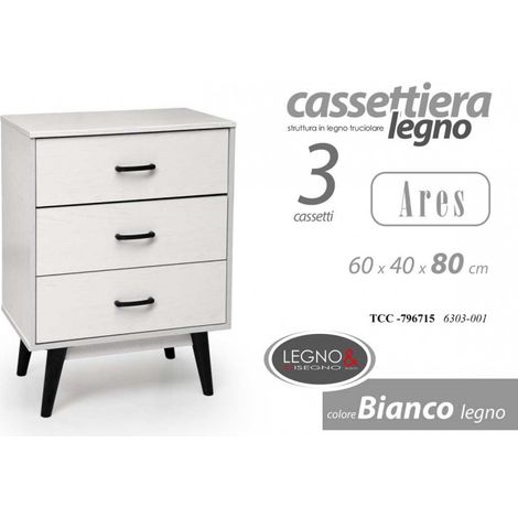 Cómoda moderna Ares con 3 cassettes, 60 x 40 x 80 cm, color blanco madera