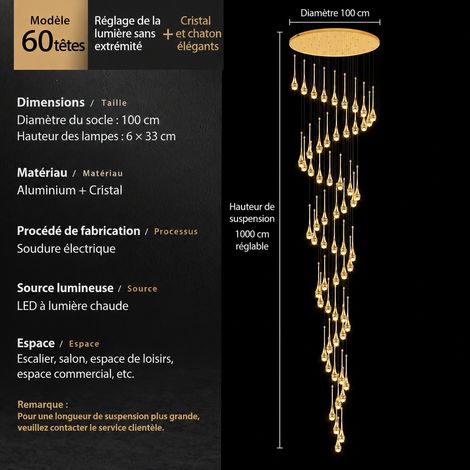 Lustre suspension silhouette taille fine 60 têtes - modèle spirale - gradation continue, cristal verre escalier, hauteur réglable 180 cm, 1 kg – Livraison gratuite
