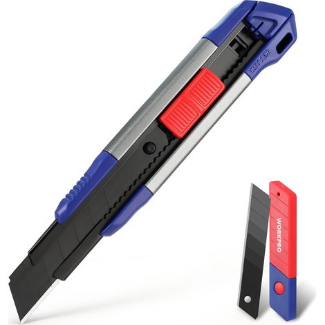 WORKPRO Cutter Professionnel 18 mm en Aluminium, Cutter Rétractable avec Lames Sécables SK5, Cutter Multi-Usage avec 10 Lames de Rechange et Distributeur, Idéal pour Couper Papier, Carton, Plastique