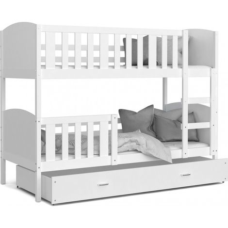Lit superposé enfant 80 x 160 cm – 2 sommiers et 2 matelas mousse 7cm – Tiroir de rangement – Bois MDF écologique – Barrière de sécurité – Kids Literie (1/3)