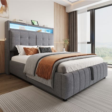 Lit Capitonné 140x200cm - Avec LED, USB & Rangement Hydraulique - Pour Chambre - Gris (1/5)