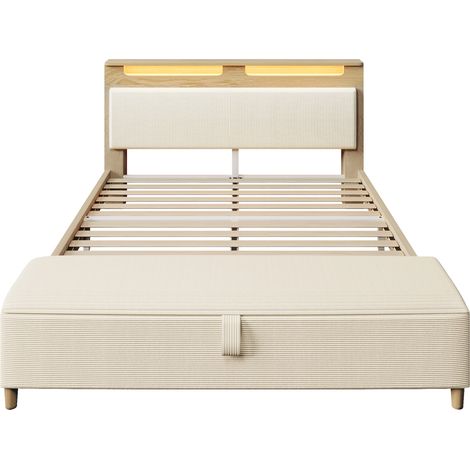 Cama doble 140 x 200 cm con banco de almacenaje, cabecero con LED, beige y roble claro HOMVRA (1/5)