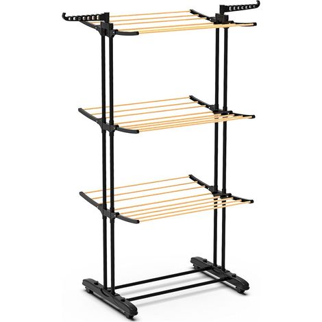 Séchoir à Linge Pliable sur 3 Niveaux avec roulettes Grande Capacité Étendoir en Acier Inoxydable Étendoir Pliable Ailes Latérales pour Usage Intérieur/Extérieur Bois Noir (1/5)