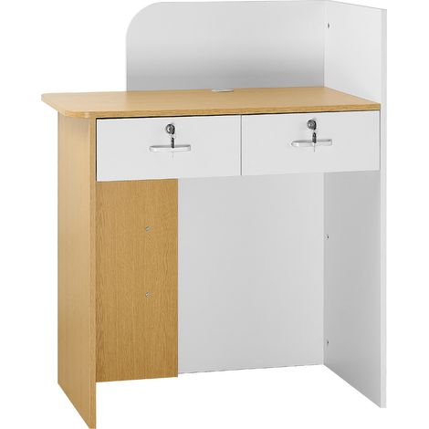 Mophorn Comptoir de réception moderne, 80 cm avec éclairage LED, bureau d'accueil équipé de 2 tiroirs verrouillables, idéal pour bureaux, halls d'entrée, salons et boutiques, finition blanche et bois (1/2)