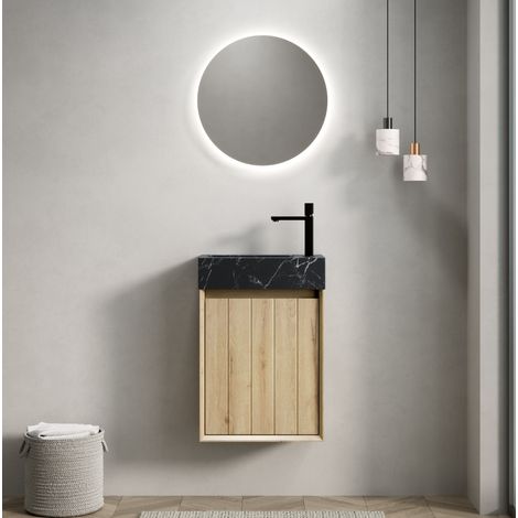 Mobile bagno sospeso con lavabo in marmo nero e legno rovere bianco, 40 cm DESVIAE (1/5)