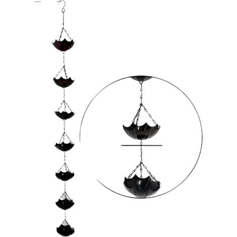 Canalón de hierro forjado con forma de copa, con conectores de metal oscuro y gancho superior, ideal como elemento decorativo para aleros de jardín. (1/5)