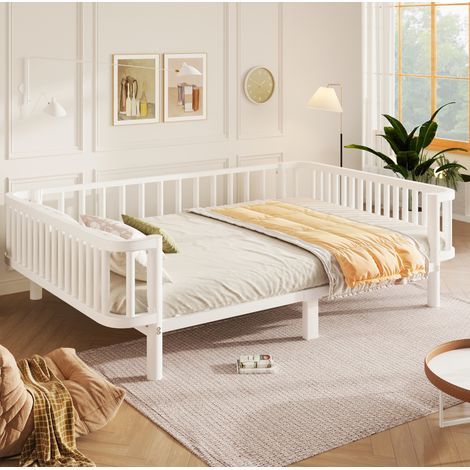 Cama infantil de metal de 140x200 cm para adultos, estructura estable, somier de láminas, ahorra espacio, para salón, blanco (1/5)