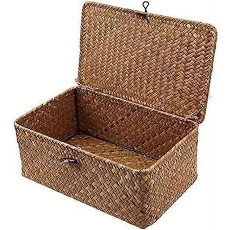 Aufbewahrungskorb aus Seegras mit Deckel, kleiner Weidenkorb, Aufbewahrungsbox aus Naturrattan, Wäschekorb, Weide (1/5)