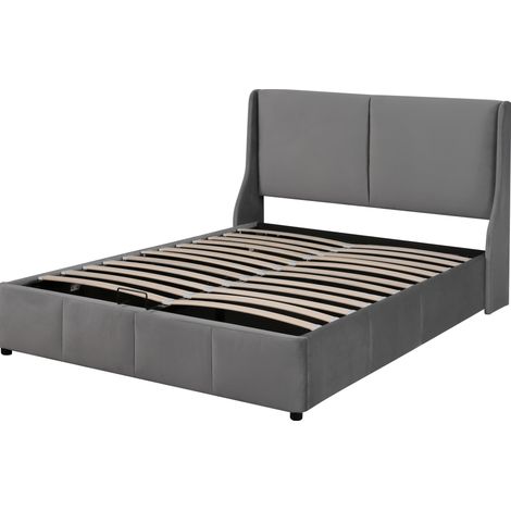 Lit double rembourré avec coffre hydraulique 140 x 190 cm en velours gris HOMVRA (1/5)