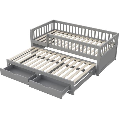 Letto a scomparsa 90 x 200 cm in legno grigio con letto estraibile, 2 cassetti e sponde (1/5)