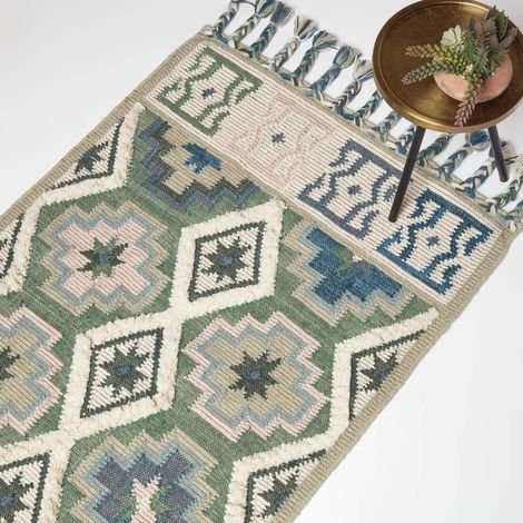 HOMESCAPES Tapis Kilim en laine vert et bleu Matala, 120 x 170 cm