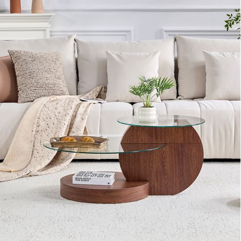 Mesa de centro Ø70/50 cm transparente y nogal en MDF y vidrio con diseño multinivel (1/5)
