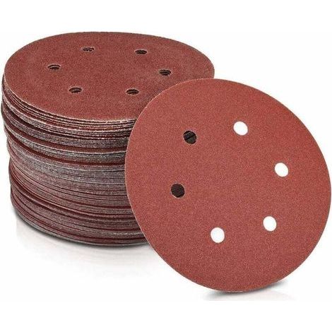 Disques abrasifs en papier Ø 125 mm Grain 240 6 trous en rouge Papier abrasif pour ponceuses plaques de plâtre, ponceuses à col long.Lot de 50 disques (1/5)