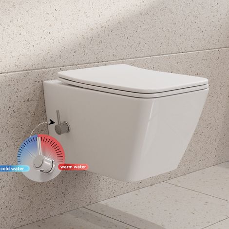 HOROW douche toilette suspendue avec buse intégrée, WC suspendu sans bord avec robinet, WC avec fonction bidet, WC Taharet avec nano-revêtement