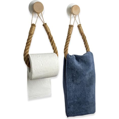 2 Pcs Porte Papier Toilette Mural en Bois et Corde de Chanvre, Dérouleur Papier Toilette Vintage sans Perçage pour Salle de Bain, Support Papier Toilette Rustique et Déco WC Naturelle (1/5)