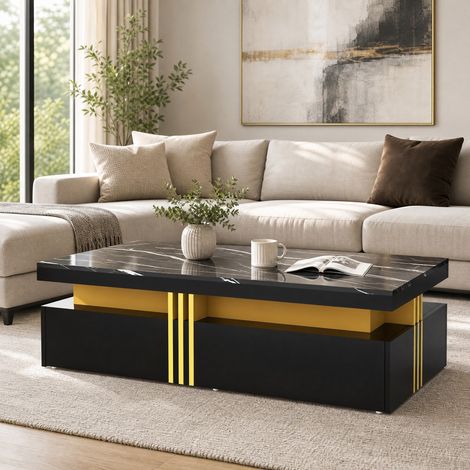 Conjunto mesa de centro y mueble TV negro con efecto mármol, 44 kg, DESVIAE (1/5)