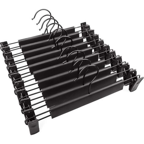 Noir Lot de 10 cintres Premium avec Solide antidérapant réglable Clips Chrome Poli Finition antirouille pivotant à 360 degrés à Suspendre Crochet pour Jupes, Jeans, métal, Pantalons (1/5)