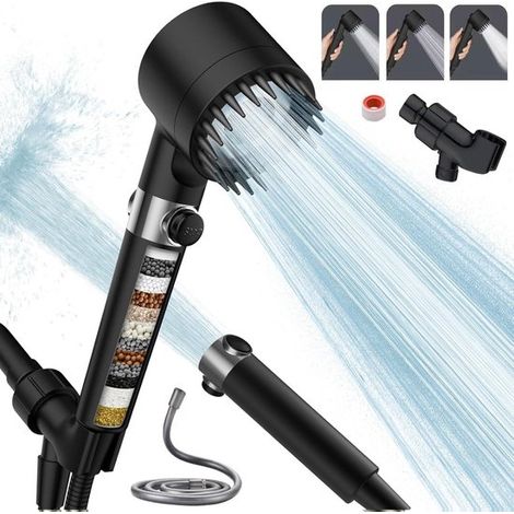 Cabezal de ducha de presión filtro antical, ducha mano ahorradora agua manguera 1,5 m, cabezales ducha filtro cepillo masaje cuarto ducha (negro) (1/5)