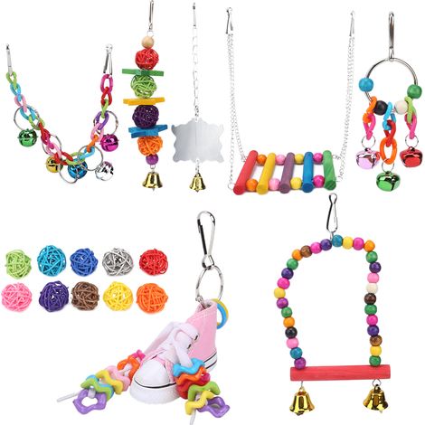 Lot de 17 jouets pour oiseaux Sepak Takraw, balançoire suspendue avec chaîne et clochette, pour petits et moyens perroquets (1/5)