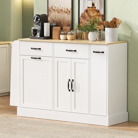Credenza moderna con vari cassetti, mobile buffet con scomparto per la pattumiera e porta spezie esterno per sala da pranzo, soggiorno e cucina (bianca)
