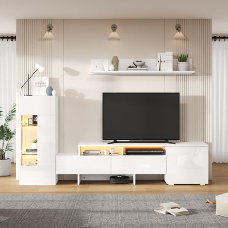 Meuble TV 3 pièces, salon moderne haute brillance avec LED, buffet TV blanc debout et suspendu, portes acryliques, cloison en verre, support pour écran jusqu'à 70 pouces (1/5)