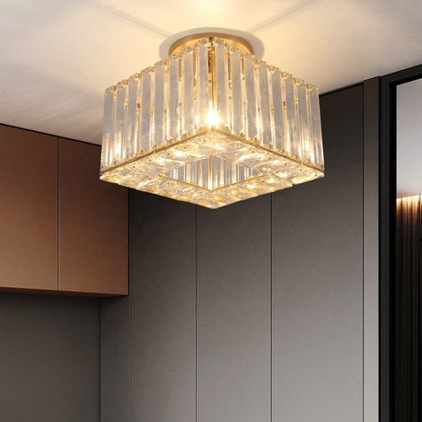 Plafonnier cristal carré doré fer, E27, 20x19cm, ampoule interchangeable (1/5)