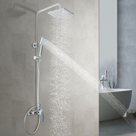 Ensemble mitigeur de douche chromé, système de douche avec pommeau de douche à effet pluie de 20 cm, douchette à main 3 fonctions, barre de douche réglable en hauteur (1/5)