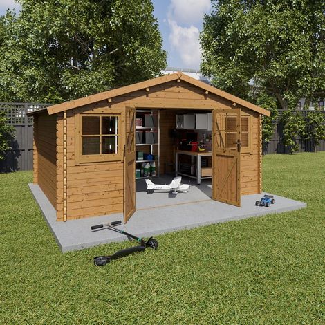 Trigano – Abri de jardin bois marron 15,5 m² – Bois traité autoclave classe 3 – Double porte large – Madriers emboîtables pour installation facile