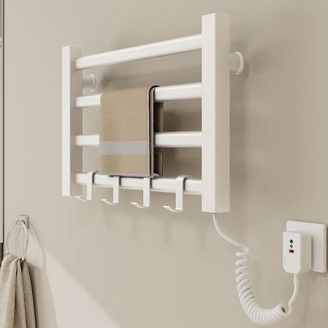 Warm Towel Porte-Serviettes Chauffant Mural éLectrique 4 Barres, Radiateur Chauffe Serviette Salle de Bain, Thermostat 55 °C, 55 X 35cm-White (1/5)