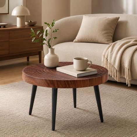 Table basse - WESTYLE - Ronde Ø60x37 cm - Plateau 5 cm aspect bois foncé - Pieds métal noir - MDF+ métal (1/5)