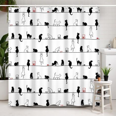 150x180cm Rideau de Douche Chat Blanc Noir avec Crochet Mignon Chaton Rideau de Bain Étanche pour Animaux de Compagnie