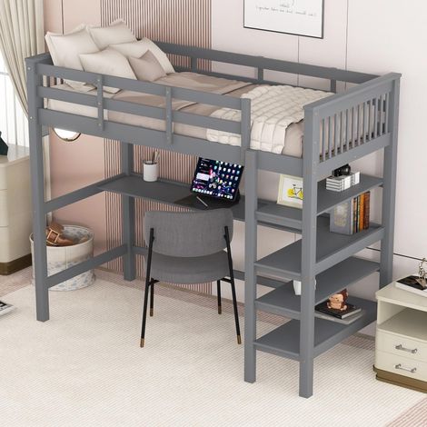Letto a soppalco 90x200 cm, con scrivania per computer, rete a doghe, scomparto di stoccaggio, letto per bambini – Grigio (1/5)