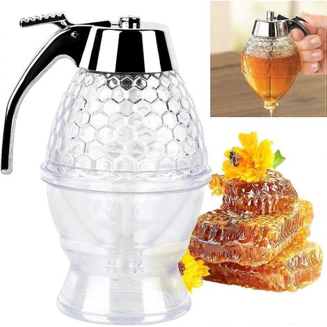 Distributeur de miel, cuillère à miel avec support, motif nid d'abeille, transparent, magnifique distributeur de sirop (1/5)