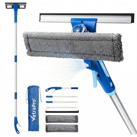 1 Kit Nettoyage Vitre, Manche Télescopique 25-225 Cm, Pulvérisateur Intégré, Raclette Silicone, Pour Fenêtres Et Miroirs (1/5)