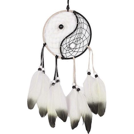 Attrape-rêves Taiji de style chinois blanc et noir, perles et plumes, décoration à suspendre. (1/5)