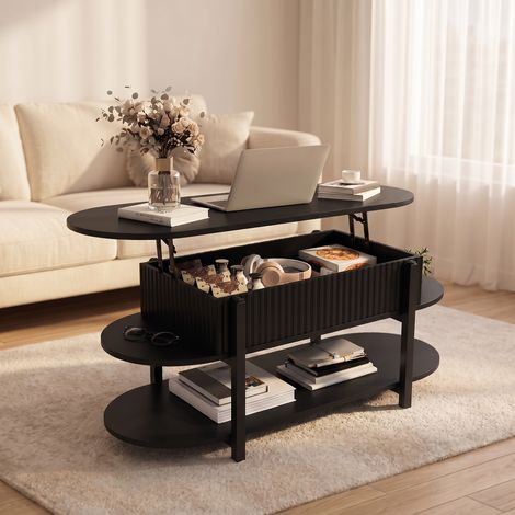 Table basse relevable 106x45x50 cm - Salon et petit espace - Plateau relevable coffre de rangement étagère ouverte - Style moderne - Noir (1/5)