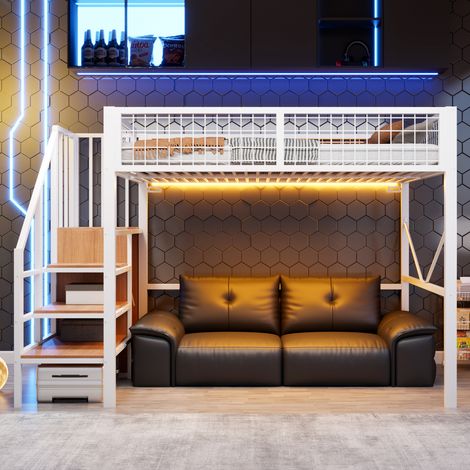 Lit mezzanine métal 2 places 140x200 cm, échelle avec rangement, barre de penderie, garde-corps grillagé, LED, espace aménageable sous le lit, blanc (1/5)