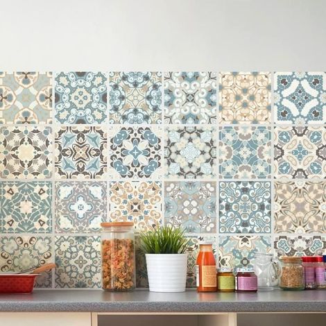 24 Stickers Adhésifs Carrelages Sticker Autocollant Carreaux Ciment Mosaïque Carrelage Mural Salle Bain Cuisine Carre (1/4)