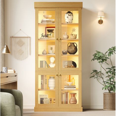 Vitrine haute avec LED intégrées et étagères réglables 80x40x180 cm MDF verre naturel REDOM (1/5)