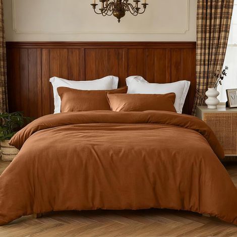 Parure de Lit 2 Personnes avec Fermeture à Bouton Caché, Mélange de Coton Doux et Lin Durable, Housse de Couette 230x220 cm avec 2 Taies d'oreiller 50x75 cm (Jaune Ocre) (1/5)